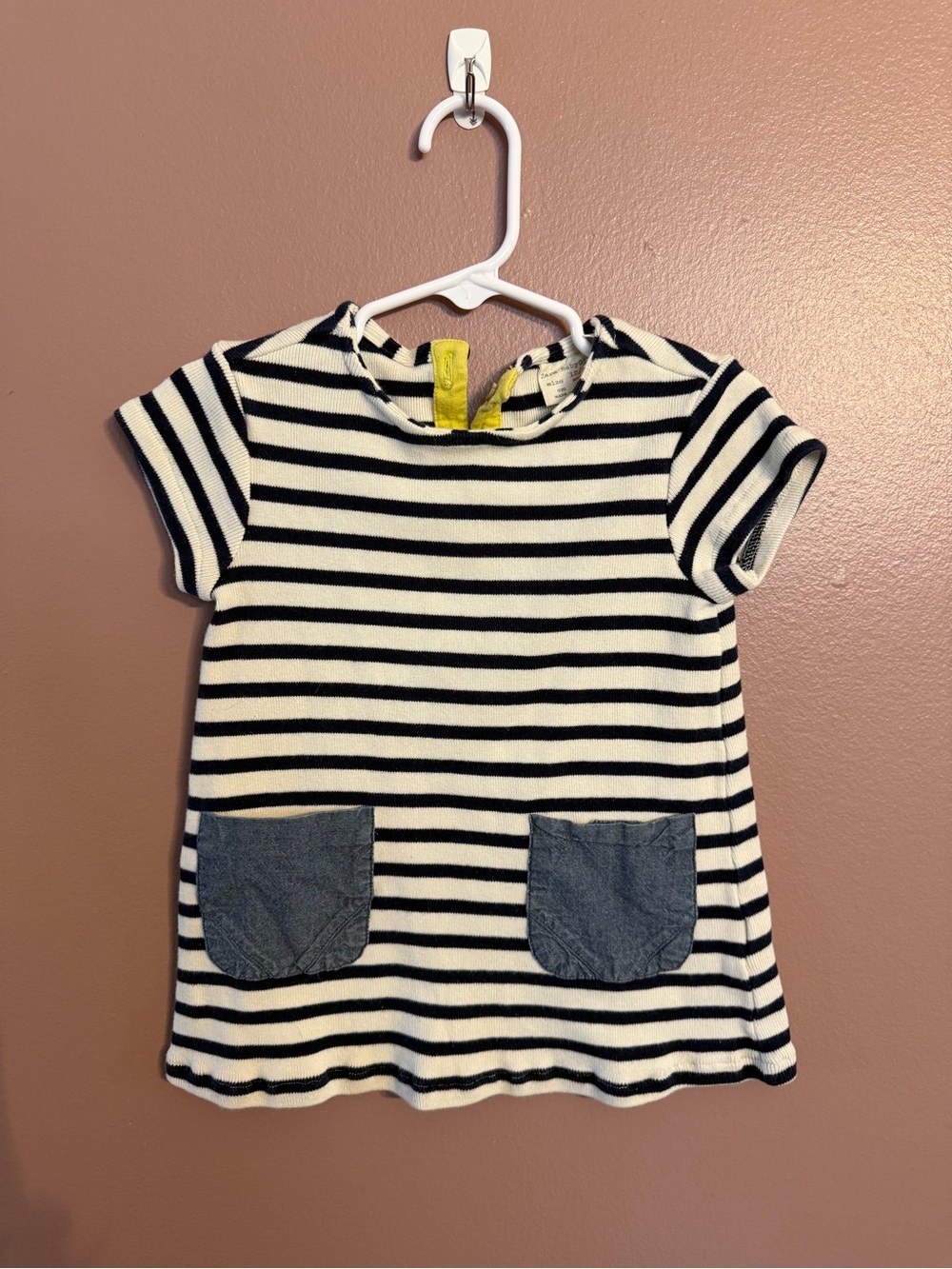 Zara Black & White Striped Short Sleeve Tee with Denim Pockets